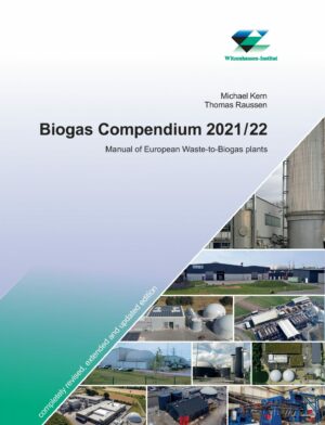 Buchcover: Fotos von verschiedenen Biogas-Anlagen und Text – M. Kern, T. Raussen: Biogas Compendium 2021/22 Manual of European Waste-to-Biogas Plants in Germany and Europe